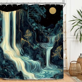 Miyotaa Abstract Waterfall Moon Shower Curtain Set 60Wx71H Inches Night Teal Dark Green Aesthetic Modern Scene Polyester Waterproof Bathroom Curtain with 12 Hooks