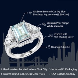 Gem Stone King 3.89 Cttw Sky Blue Simulated Aquamarine Ring For Women In 925 Sterling Silver | Emerald Cut 10X8MM | Available In Size 5, 6, 7, 8, 9