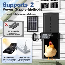 Solar Chicken Coop Door, Automatic Chicken Door Solar Powered & USB Charging, Auto Chicken Door 4 Modes with Timer & Light Sensor, Anti-pinch & Alert, Remote, LED Screen, Aluminum Waterproof Coop Door