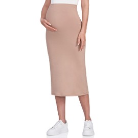 POSHDIVAH Women's Maternity Skirt Over The Belly Midi High Waisted Solid Stretchy Pregnancy Pencil Skirt Khaki Small