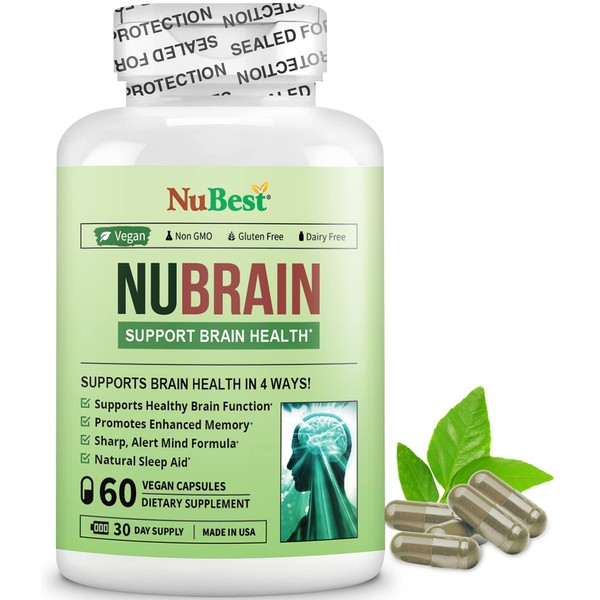 NuBrain Booster - Brain Supplement for Brain Booster, Enhanced Memory, Focus & Clarity with St. John’s Wort, Ginkgo Biloba, Bacopa & More - Premium Nootropic Brain Supplement - 60 Vegan Capsules