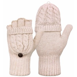 Beurlike Winter Fingerless Gloves Mittens for Women Men Warm Wool Knitted Convertible Flip Top Mittens Cold Weather(Beige)