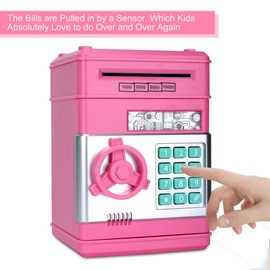 Adsoner Toy Piggy Bank, Electronic ATM Password Cash Coin Can Auto Scroll Paper Money Saving Box Gift for Kids (Light Pink)