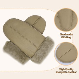MGGMOKAY Women's Lambskin Shearling Mittens Warm Winter Leather Gloves, beige
