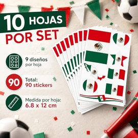 Set de 90 Tatuajes Temporales de México para Aficionados al Fútbol - 10 Hojas de 6.8x12cm, Accesorios para Estadios y Fiestas Deportivas, Kit de Anima