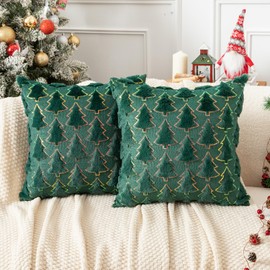 Kevin Textile Christmas Tree Decorative Throw Pillow Covers Set of 2 Soft Fluffy Luxury Sparkling Sequin Pillowcases for Couch Sofa Holiday Festivals Home Décor 18x18 Inch Dark Green