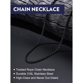 Bandmax Mens Stainless Steel Black 3MM Wide Rope Chain Choker Necklace 24 Inch Cadena de Plata para Hombre Twisted Cable Chain for Men Women