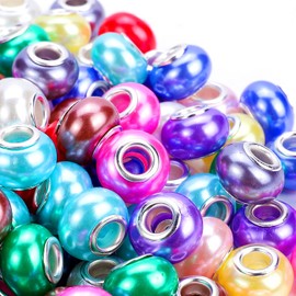 Victlov 100 cuentas espaciadoras europeas de 14 mm con agujero grande mezclado de colores con núcleos de latón plateado, suministros de cuentas para collares, pulseras, joyería (perlas de imitación)