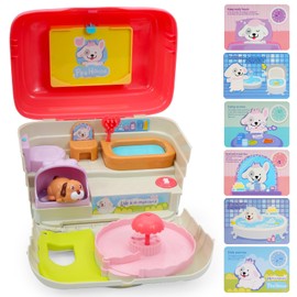 Brixlytoys Interactive Pet House Toy for Kids Ages 3+, Musical Doggy Playset with 6 Habits, Fun Sounds & Lullaby, Running Puppy, Shower, Feeding, Sleeping, and More - Includes 3 Double-Sided Cards