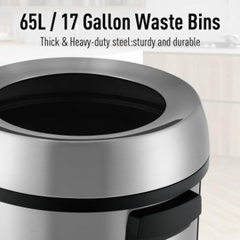 PioneerWorks 65 L / 17 Gal Open Top Trash Can Commercial Grade Heavy Duty Brushed Stainless Steel for Outdoor | Kitchen Waste Bins Home House Family