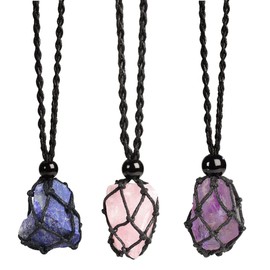 Anjiucc Natural Raw Gemstone Crystal Pendant Necklace Stone Holder Necklace Cord Hand-Woven Necklace with Adjustable Length for Women Men（3 PCS Amethyst+ Lapis Lazuli + Rose Quartz）