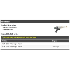 Fuel Injector - Compatible with 2018-2022 Volkswagen Passat 2.0L 4-Cylinder