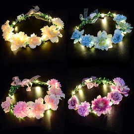 Mineup Flower Wreath Hair LED, 4 Pieces LED Hair Band with Flower, Luminous Hair Wreath, 10 Lamp Beads Flower Headpiece, Illuminated Flower Wreath for Women, Girlfriend, Valentine's Day, Carnival Party, Wedding