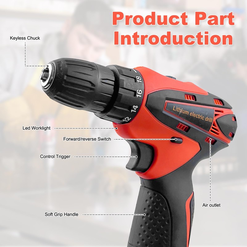 33 Picce Orange Tool Kit with 12V Cordless Drill, Tool