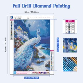 NAIMOER White Peacock Diamond Painting Kits for Adults,Peacock in Beach Diamond Painting, DIY 5D Diamond Painting Fantasy Castle Diamond Art Kits Picture for Home Wall Decor 30x40cm