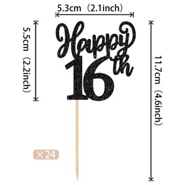 24 piezas de decoraciones para magdalenas 16 con purpurina, dieciséis víctimas a 16 años, número 16 para magdalenas de cumpleaños para feliz cumpleaños 16, aniversario, fiesta, suministros de decoración de pasteles, color negro