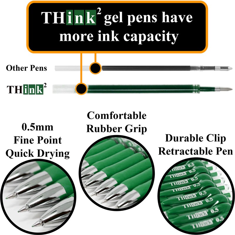 [24 Pens - Green Ink] Think2 Retractable Gel Pens. (24