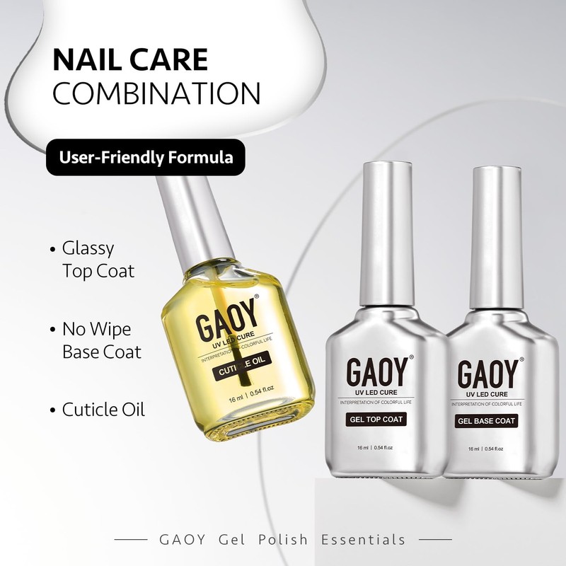 GAOY Gel Top Coat, Base Coat and Cuticle Oil Set,