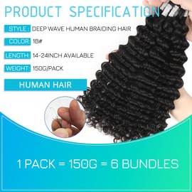 Human Braiding Hair 16 Inch 6 Bundles Human Hair Braiding Hair No Weft Deep Wave Bulk Human Hair for Braiding Hair Extensions for Boho Braids Wet and Wavy 150g Natural Black#