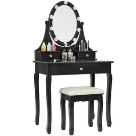 Giantex Vanity Set with Lighted Mirror, Makeup Table with 10 Rose Light, Modern Dressing Desk with Cushioned Stool, 3 Drawers and 360° Rotating Mirror for Bedroom, Vanity Table with Stool (Black)
