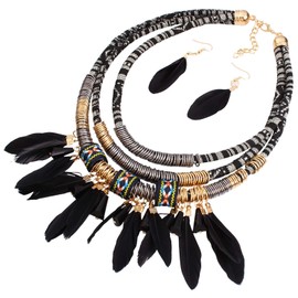 African Tribal Style Feather Pendant Multi Layers Necklace Earring Set Statement Bib Necklaces Feathered Dangle Earring Boho Collar Chains for Women Men-Black