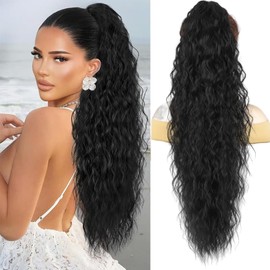Humistwbiu Claw Clip Ponytail Extension for Women 30 Inch Long Ponytail Hair Piece Wavy Curly Synthetic Hairpieces, Natural Black