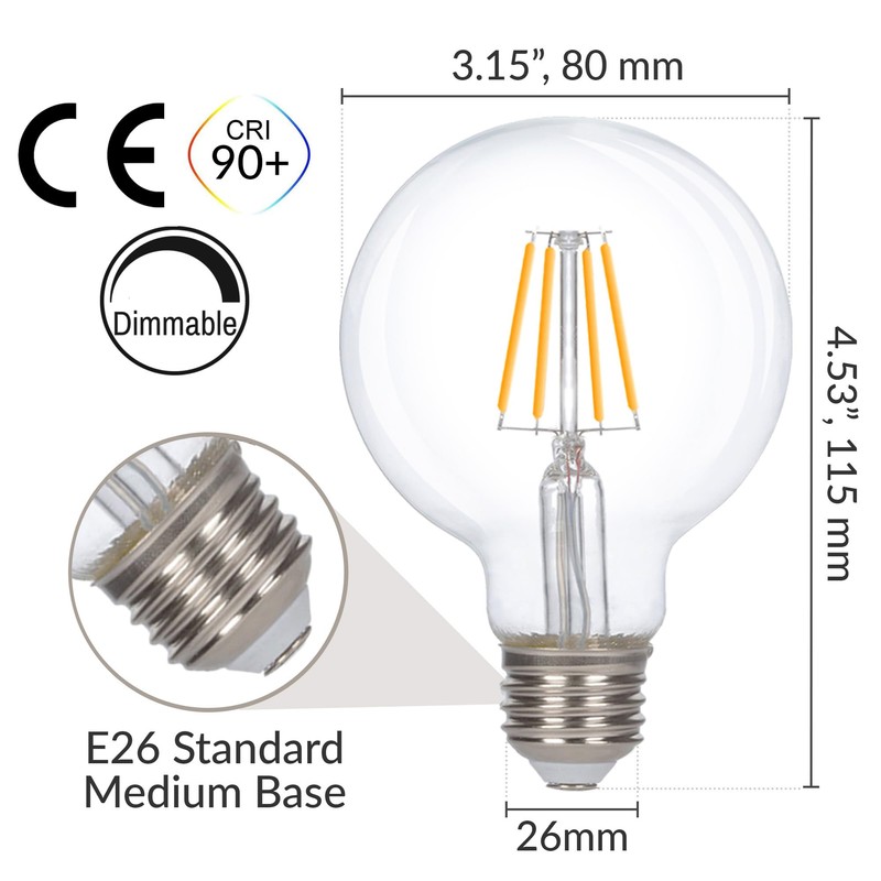 Simba Lighting LED Edison Vintage Vanity Globe Filament G25 (G80)