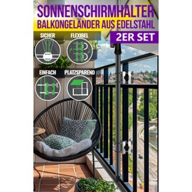 4happy SunnyEasy Parasol Holder Balcony Railing Set of 2 Flexible Stainless Steel Parasol Holder Balcony Umbrella Holder Balcony Railing Replaces Parasol Stand Balcony