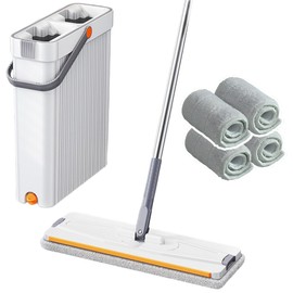 Mop and Bucket Set with 360-Degree Rotatable Flat Mops Head, Flat Mops for Cleaning Floor, Dry and Wet Dual-Use Mop with Long Handle, 4 Reusable Microfiber Mop Pads Included