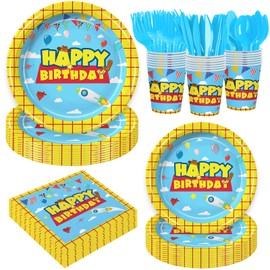 168Pcs Cartoon Story Birthday Decorations Cartoon Story Party Supplies Birthday Plates And Napkins Tableware Set Blue Sky White Cloud Party Decorations for Kids Serves 24 Guests