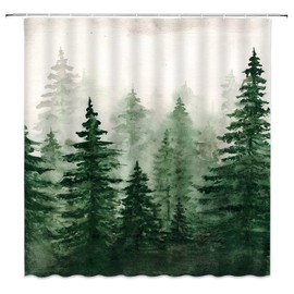 ZNLSU Misty Forest Shower Curtain Pine Tree Watercolor Abstract Foggy Jungle Mountain Green Plant Rustic Mysterious Nature Scenery Landscape Bathroom Decor Fabric Bathroom Sets with Hooks,Green