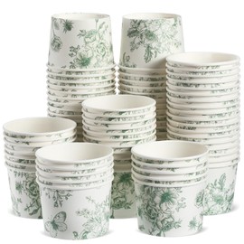 Jingmore 100 Pcs 8 oz Treat Snack Cups Bulk Ice Cream Bowl Cute Coquette Cups Party Favors Disposable Paper Bowls for Birthday Hot Iced Food Soups Sundae Snack Dessert Beverage(Green Floral Vintage)