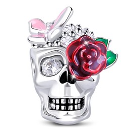 GNOCE Sugar Skull Charm for Bracelets S925 Silver Charm for Women fit US European Bracelets Necklaces (Rose Skull)