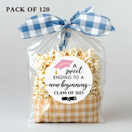 120 x Graduation Sticker, Graduation Celebration, Invitation Sticker, Graduation Party, Class of 2025, Sweet Ending To A New Beginning Minimal Graduate Round Gift Tag, Graduation Favor (Pink)