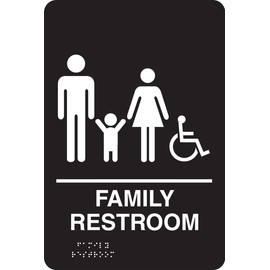 Accuform Signs PAD122BK Plastic ADA Braille Tactile Sign, Legend "Family Restroom" with Wheelchair/Handicapped Accessible Graphic, 9" Length x 6" Width x 1/8" Thickness, White on Black