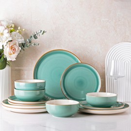 GBHOME Ceramic Dinnerware Sets, 12 Pieces Stoneware Dinnerware Set, Plates and Bowls Sets, Dishwasher & Microwave Safe | Service for 4