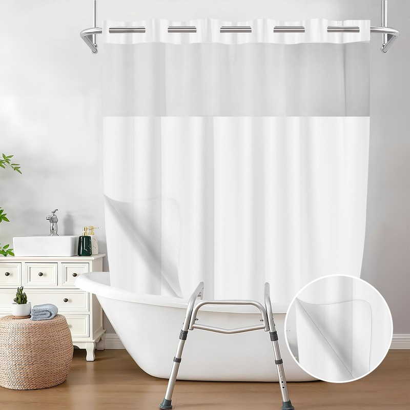 White Split Shower Curtain for Bath Transfer Benches, Polyester Fabric
