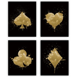 NIIORTY Poker Wall Art Prints Set of 4 Unframed Canvas, 8x10 Inch, Black and Gold Watercolor Playing Card Art for Game Room Bar Bedroom Decor
