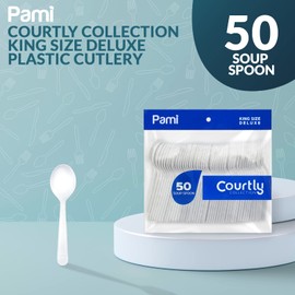 PAMI Heavy-Weight Disposable Plastic Soup Spoons [50-Pack] - Bulk King Size Deluxe White Plastic Silverware For Parties Weddings Caterings Food Stands Takeaway- Heavy-Duty Single-Use Party Spoons