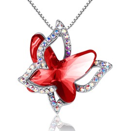 GEMMANCE Butterfly Crystal Necklace with Ruby Red Birthstone for January and July, Silver-Tone, 18”+2” Chain