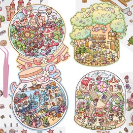4Pcs 3D Fun Mini House Scenes Stickers with Tweezers Make Your Own Mini Flower Book House Garden World in a Bottle Stickers Scenes Cute Room Craft Scrapbook Sticker for Relief Stress Pass The Time