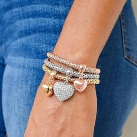 LUYANFX Women's Charm Bracelet, Pack of 3 Multilayer Bracelets, Gold, Silver, Rose Gold, Women's Bracelet with Heart Pendant and Crystal Heart Pendant, Stretch Bracelet for Women and Girls, Metal