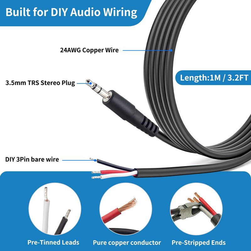 Nadadora 3.5mm Audio Pigtail TRS Male to Bare Wire Stereo