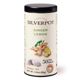 Silverpot Ginger Lemon, 50 Round Tea Bags, Tin | Gourmet Herbal Tea | Caffeine Free | Enjoy Hot or Iced