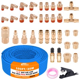 CheeMuii 100 FT 1/4" DOT Air Line with 34 Pcs Brass DOT Air Line Fittings Kit 30.5 Meter 1/4 Blue Air Line Service Kit with Push Lock Air Fitting Air Coupler & Plug Kit