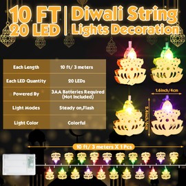 Glooglitter Diwali Multi Color String Lights, 10 Feet 20 LED Battery Operated Diya Lights Diwali Decorations for Home Indian Window String Lights for Diwali Wedding Party Indoor Outdoor(Lotus Shaped)
