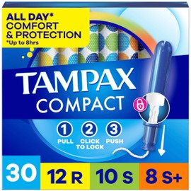 Tampax Compact Pearl Tampons for Women Multipack, with LeakGuard Braid & Extendable Applicator, Regular/Super/Super Plus Absorbency, Compact Extendable Applicator, Unscented, 30 Count