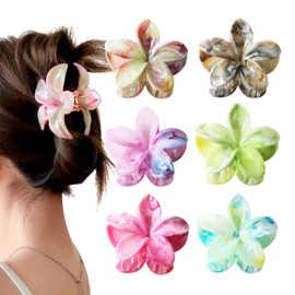 Chris.W 6 Pcs Flower Hair Claw Clips for Thick Thin Hair, Hawaiian Plumeria Strong Hold Nonslip Big Cute Flower Barrettes Hair Accessories for Women Girls Teen Holiday Gifts (Marble)