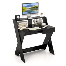 Tangkula 2-Tier Computer Desk with Storage Drawer, Small Writing Desk with Monitor Stand Riser, Thoughtful Footrest & X-Shaped Legs, Compact Study Table for Small Space, Home & Office (Black)