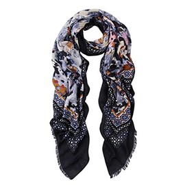 Elegant Large Vintage Floral Design Frayed End Scarf Wrap, Black